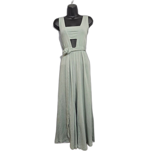 Mara Hoffman Jumpsuit Krinkle Sage Green Wide Leg Gauzy SZ 8 Cropped Tie Back - Picture 2 of 7